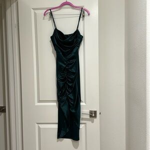Hunter green midi ruched dress satin